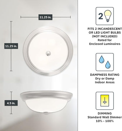 DESIGNERS FOUNTAIN Reedley 2-Lights Flush Mount Ceiling Light, 11 Inch Lighting Fixture for Kitchen, Bedroom, Bathroom, and Hallway, Pewter with Etched Glass, 1257S-PW-W
