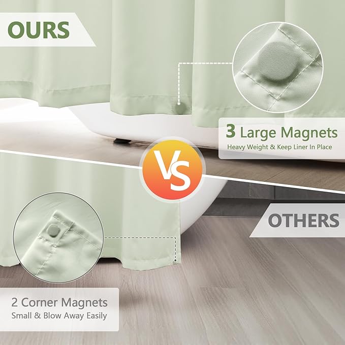 Seenus Waterproof Fabric Shower Curtain Liner with 3 Extra-Large Magnets, 72 x 72 inch Washable Cloth Shower Liner Hotel Quality, Pastel Green Lightweight Shower Curtain for Bathroom