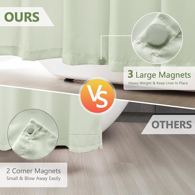 Seenus Waterproof Fabric Long Shower Curtain Liner with 3 Extra-Large Magnets, 72 x 78 inch Extra Long Green Cloth Shower Liner Machine Washable, Hotel Quality Lightweight Shower Curtain for Bathroom