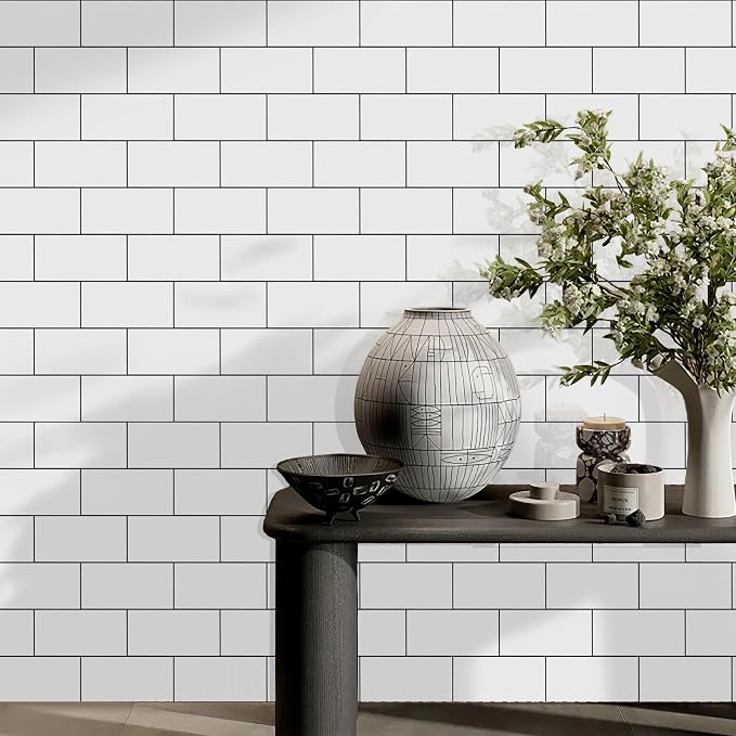 Vamos Tile White Peel and Stick Backsplash, Glossy 3''x6'' PVC Subway Tile | 4-Piece White Subway Tile with Dark Gray Grout,Stick on Backsplash for Kitchen/Bathroom/Fireplace/Laundry/Camper