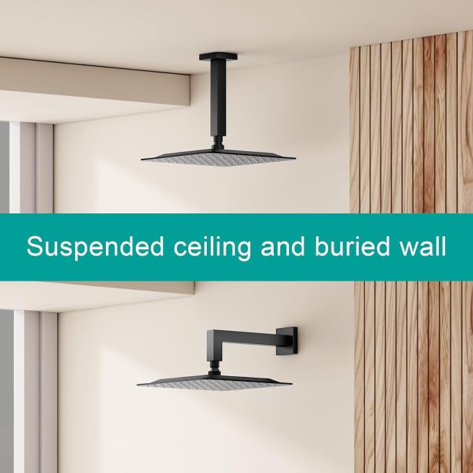 Square Rain Shower Head, High Flow Stainless Steel,Work with any decorative style，All Metal Rainfall Shower Head (Matte Black, 16)