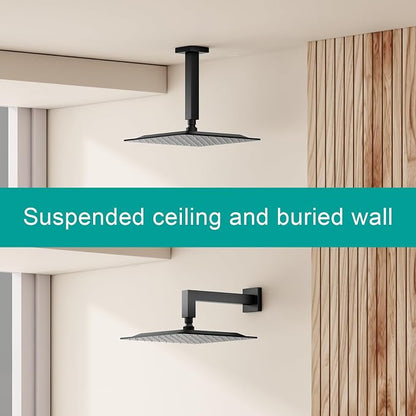 Square Rain Shower Head, High Flow Stainless Steel,Work with any decorative style，All Metal Rainfall Shower Head (Matte Black, 16)