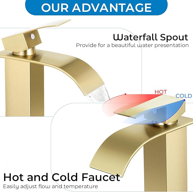 Brushed Gold Bathroom Faucet with Waterfall Spout and Pop-up Drain | SUS 304 Stainless Steel, Single Handle, 1 Or 3 Hole Sink, RV Vanity, Deck Plate, Supply Hoses, NSF372 NSF61 cUPC