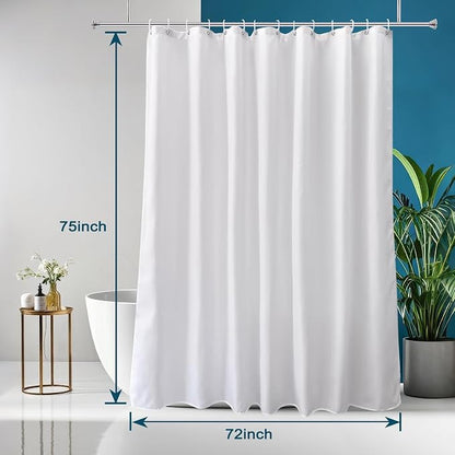 AooHome White Fabric Shower Curtain Liner, Bathroom Curtain with Hooks for Hotel, Waterproof, Weighted Hem, 72 Width x 75 Height Inch