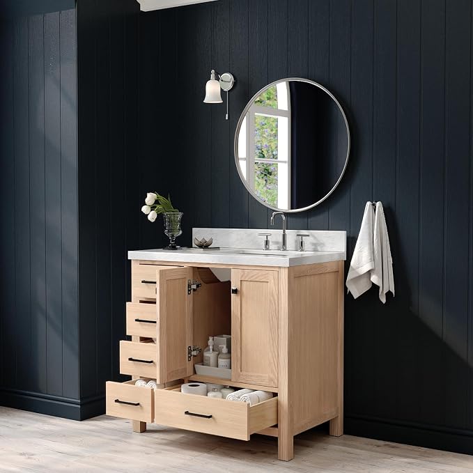 ARIEL Cambridge 36-inch Bathroom Vanity with Sink,Solid Wood, 1.5-inch Italian Carrara Marble Countertop, Single Rectangular Porcelain Sink, 2 Soft Closing Doors, 5 Dovetail Drawers, White Oak