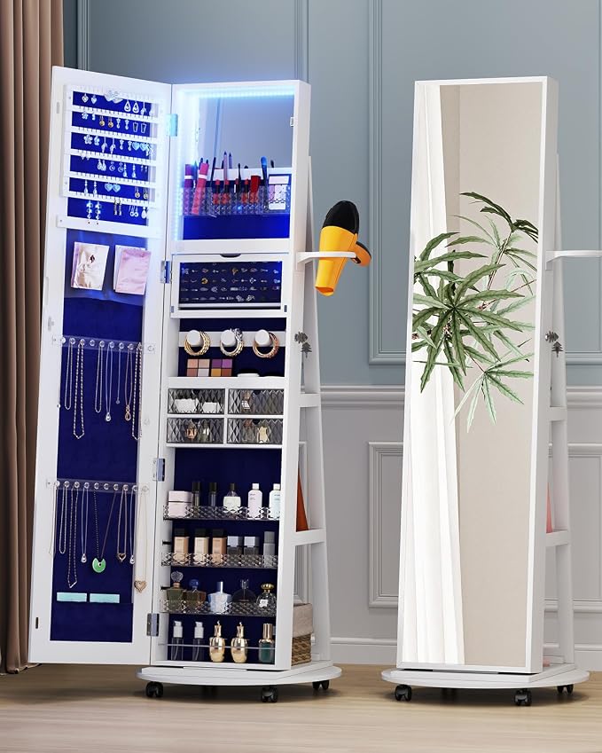 Full Length Mirror With Jewelry Storage, 360 Rotating Armoire Organizer With Lights, Lockable Cabinet Standing, Christmas Gifts (White)