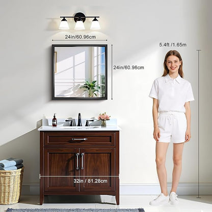CIRCUMI 24"x24" Brushed Black Bathroom Mirror, Square Mirror for Vanity | Chunky Box Metal Frame, Shatterproof, Tempered Glass, Bathroom Remodel&New Home,Wall Mirror for Over Sink,Living Room,Hallway