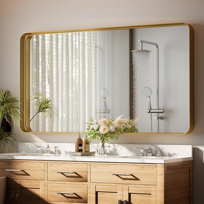 55"x 30" Gold Bathroom Mirror - Aluminum Framed Wall Mirror, Bathroom Wall Mounted Vanity Mirror, Bedroom, Living Room Wall Mirror, Hang Horizontally or Vertically