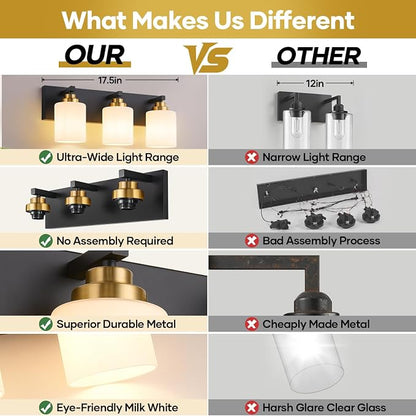 Vanity Lights for Bathroom, 3-Light Black and Gold Bathroom Vanity Light Over Mirror with Milky White Glass Shades, Modern Bathroom Light Fixtures for Living Room Hallway Cabinet (Bulbs Not Included)
