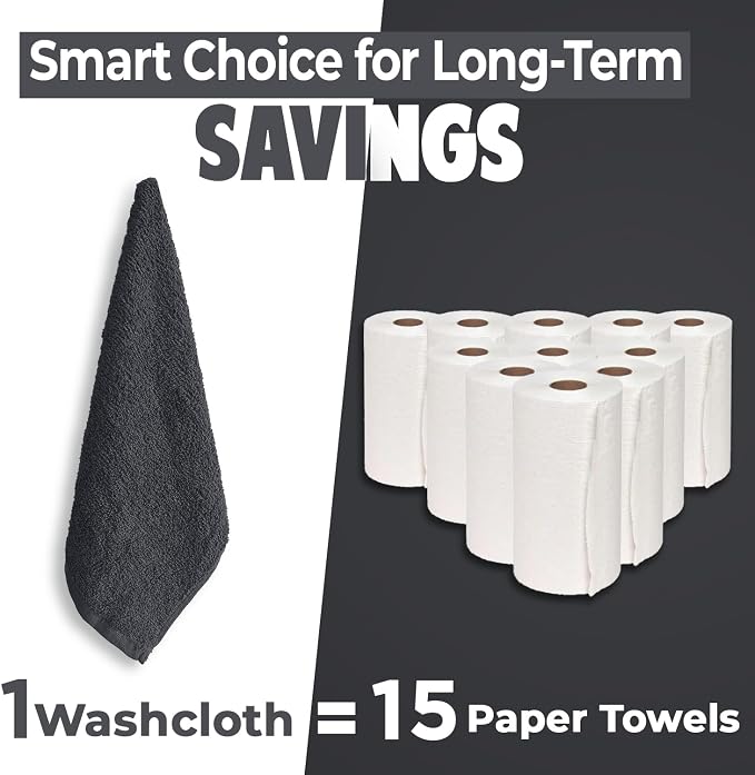 DAN RIVER 24 Pack Cotton Wash Cloths Set for Showering [12x12] Charcoal | Lighter Weight, Quick to Dry, Super Soft & Absorbent Face Towels, Hotel Quality, Perfect for Bathroom, Gym, Spa