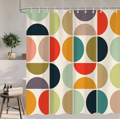 Mid Century Modern Shower Curtain, Colorful Boho Geometric Abstract Vintage Shower Curtains for Bathroom, Colorful Unique Pattern Polyester Fabric Shower Curtain Set 12 Hooks 72X72IN