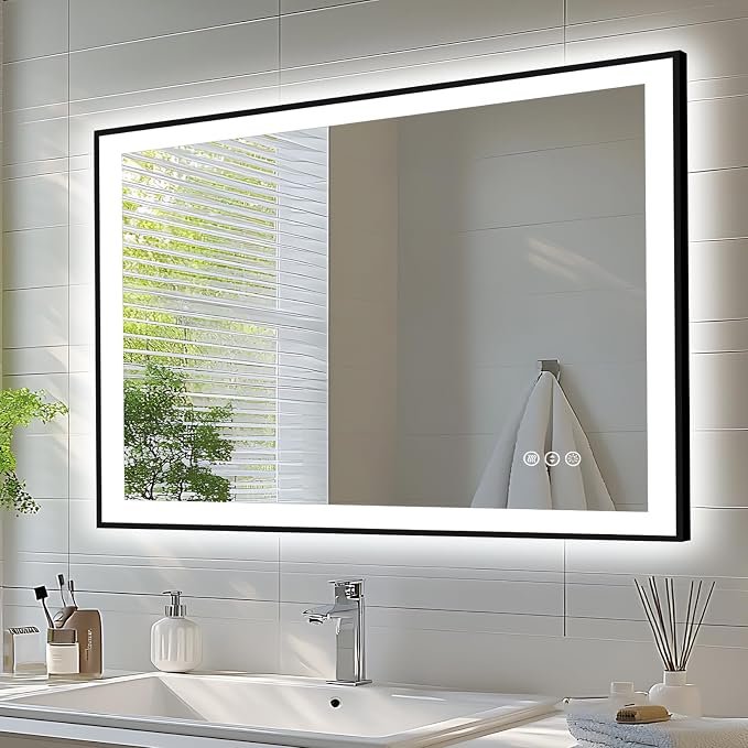EchosLife 44x32 Bathroom Mirror with LED Lights - Black Framed | Black Frame, Front and Backlit, Anti-Fog, Stepless Dimmable, 3 Colors, Memory, Tempered Glass, UL Listed, Horizontal/Vertical