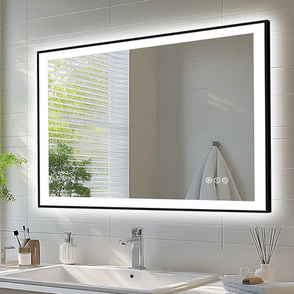 EchosLife 44x32 Bathroom Mirror with LED Lights - Black Framed | Black Frame, Front and Backlit, Anti-Fog, Stepless Dimmable, 3 Colors, Memory, Tempered Glass, UL Listed, Horizontal/Vertical