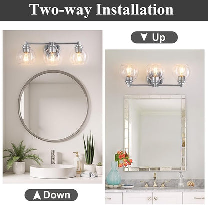 Upgrade 3-Light Bathroom Light Fixtures, Modern Vanity Light with Globe Glass Shade, Silver Chrome Bathroom Lights Over Mirror, Vanity Lights for Bathroom Bedroom Kitchen Hallway Living Room