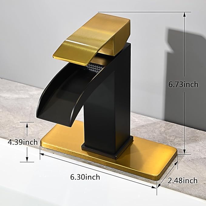 Black and Gold Waterfall Bathroom Faucet - 4In Single Handle Bathroom Sink Faucets 1 or 3 Hole Solid Vanity Faucet with Deck Plate & Overflow Pop Up Drain