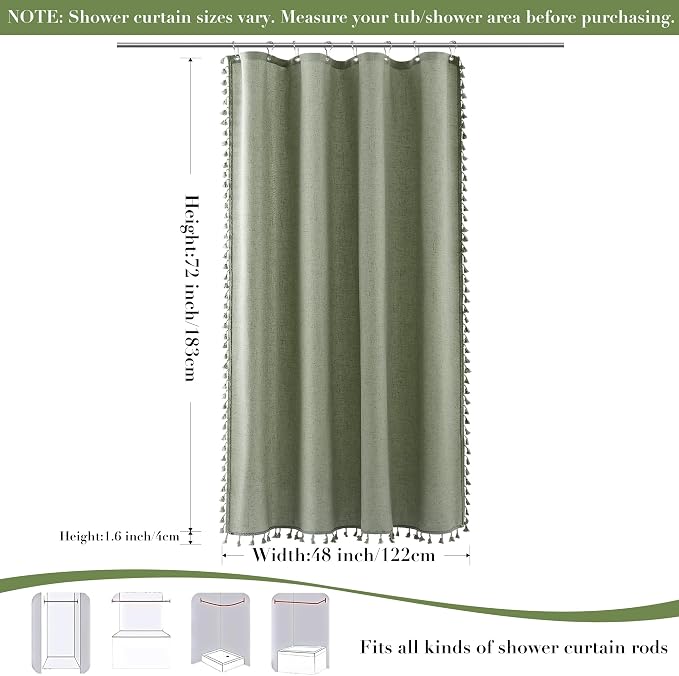 Stall Sage Green Boho Linen Shower Curtain 48 Inch Elegant Fancy Tassel Farmhouse Fabric Shower Curtain Set with Hooks Modern Country Decorative Bath Curtain for Bathroom 48x72, Green