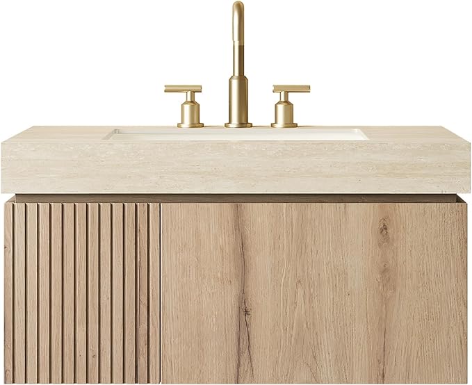 KEIKI 36 Inch Floating Bathroom Vanity with Sink, Modern Wall Mounted Storage Cabinet with Drawer, Pre-assembled Waterproof Wood Panels, Sintered Stone Top & Ceramic Basin Combo Set, White Oak & Beige
