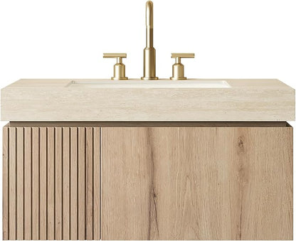 KEIKI 36 Inch Floating Bathroom Vanity with Sink, Modern Wall Mounted Storage Cabinet with Drawer, Pre-assembled Waterproof Wood Panels, Sintered Stone Top & Ceramic Basin Combo Set, White Oak & Beige