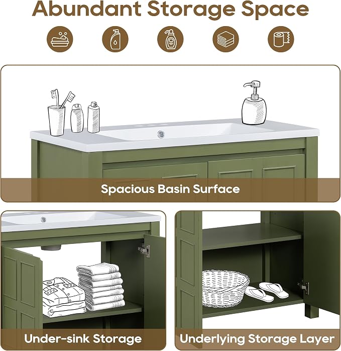 SOFTSEA 36" Bathroom Vanity with Sink Combo, Single Sink Bathroom Vanity with Soft-Close Doors, Solid Wood Frame Bathroom Cabinet, Ceramic Basin, Easy Assembly, Green