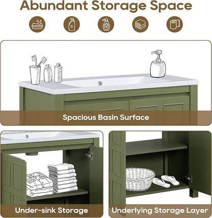 SOFTSEA 36" Bathroom Vanity with Sink Combo, Single Sink Bathroom Vanity with Soft-Close Doors, Solid Wood Frame Bathroom Cabinet, Ceramic Basin, Easy Assembly, Green