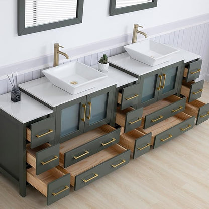 Vanity Art 96 Inch Vessel Double Sink Bathroom Vanity Cabinet with 2 Mirrors, Engineered Marble Top Bathroom Cabinet Compact Set with 13 Dovetail Drawers and Soft Closing Doors, VA3130-96VG