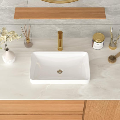 Vessel Bathroom Sink 19 x 12 Inch Semi Recessed Sink Rectangular White Ceramic Vessel Sink Modern Vanity Sink Bath Wash Hand Basin