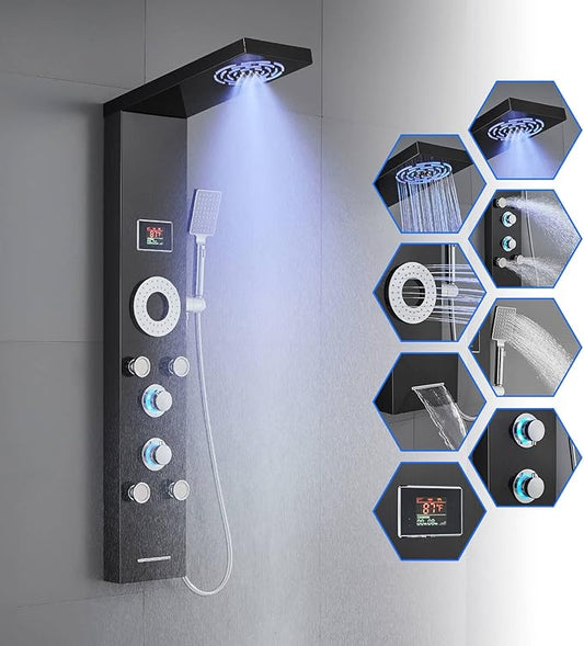 ROVOGO Shower Panel System with Led Lights No Battery Needed, MIST & RAIN Shower, 5 Body Jets, Handheld, Tub Spout and Temperature Display, Water Powered Led Shower Tower Column Stainless Steel, Black