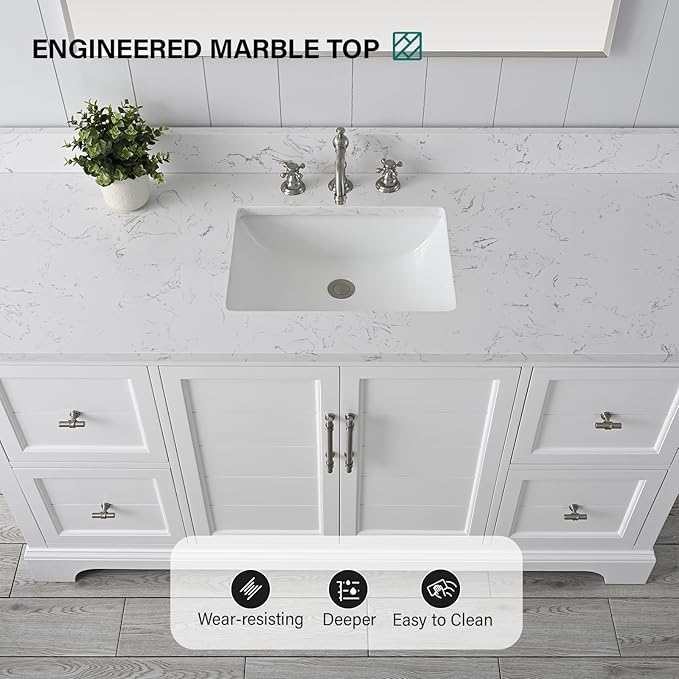 HOMEBEYOND 60 Inch Bathroom Vanity with Single Sink & Ceramic Top, Vanity Cabinet with Center Countertop Basin, Soft-Closing Doors, Backsplash, White
