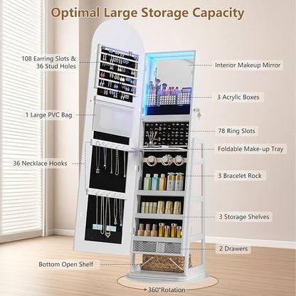 HWB Arched LED Jewelry Cabinet with Full-Length Mirror & Storage Shelves