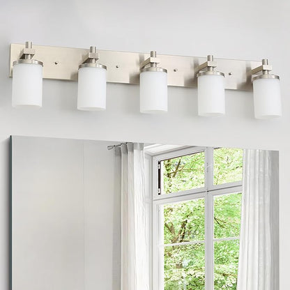 LOUSACE Bathroom Lighting Fixtures Over Mirror Brushed Nickel 5 Light Bathroom Vanity Lights with Opal White Glass Shades, Modern Vanity Wall Sconces Fixture for Bedroom Living Room