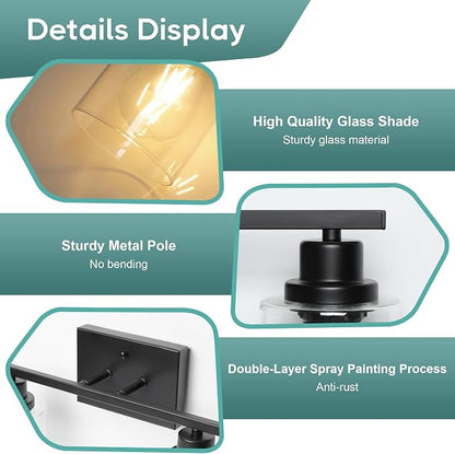Ascher Bathroom Light Fixtures, 2-Light Vanity Light Over Mirror, Matte Black Wall Sconces with Clear Glass Shades, Wall Lamp for Living Room Bedroom, E26 Base(Bulbs Not Included)