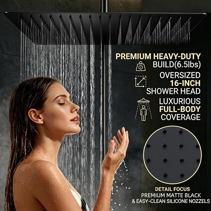 16 Inch Rain Shower Head,Rainfall Showerhead for Bathroom | All Metal 304 Stainless Steel with 324 Silicone Nozzel, Full Body Coverage,Ceiling Mount,Matte Black