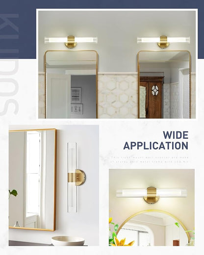 kudos Brushed Gold LED Vanity Light, Clear and Frosted Glass, KDVL06-GD-2 | 11W,1100 Lumens, 3000K, 4500K and 6000K Selectable, Hardwired, for Bathroom, Bedroom and Over Mirror