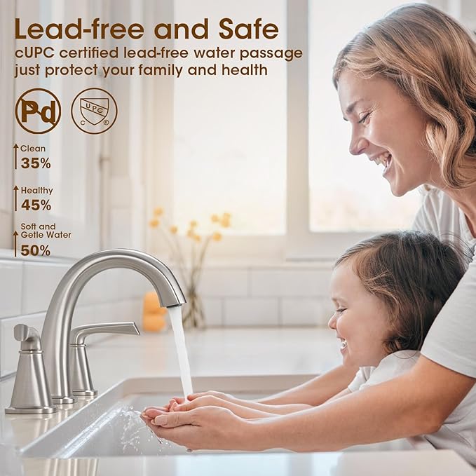 Widespread Bathroom Faucet 3 Hole, Brushed Nickel Bathroom Sink Faucet, 2 Handle Brass Bathroom Faucets for Vanity Faucet with Pop Up Drain and 2 Supply Lines