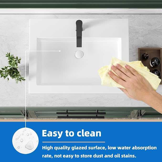 KINGWONG 24" x 18.3" Rectangular Ceramic Vessel Sink, White Bathroom Sink Above Counter, No Overflow Single Hole Basin for Vanity Top, High Temp Fired Porcelain, Stain Resistant Glossy Easy to Clean