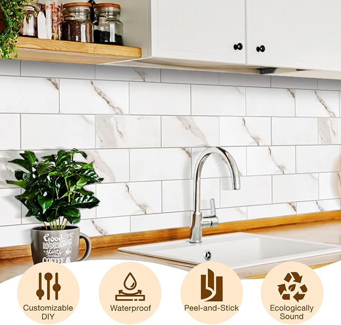 Peel and Stick Backsplash Tile for Kitchen & Bathroom Walls (Polished White Marble, 10 Tiles - 9.7 Sq. Ft. (0.9 M))