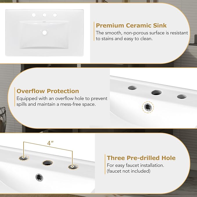 30" Bathroom Vanity with Smooth Ceramic Sink Combo, Free Standing Single Basin Vanity Set with 3 Drawers,Solid Wood Bathroom Cabine for Bathroom,Black