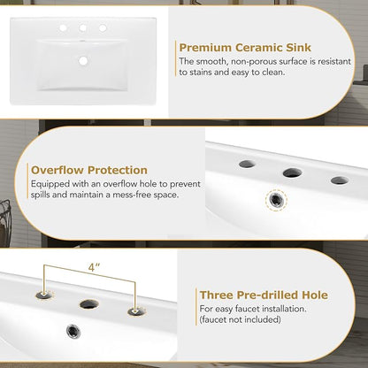 30" Bathroom Vanity with Smooth Ceramic Sink Combo, Free Standing Single Basin Vanity Set with 3 Drawers,Solid Wood Bathroom Cabine for Bathroom,Black