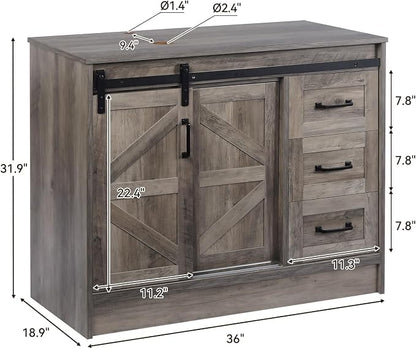 36" Farmhouse Bathroom Vanity with Sink, Bathroom Storage Cabinet with Sliding Barn Doors & Drawers, Freestanding Vanity with Silver Leaf Vessel Sink Combo Set