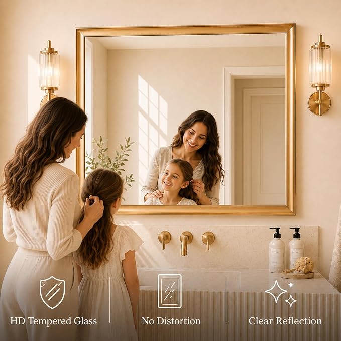 Brushed Gold Bathroom Mirrors for Over Sink 30x40 Inch | Curved Aluminum Frame Rectangle Vanity Mirror for Bedroom Living Room Entryway, HD Tempered Glass, Anti-Rust