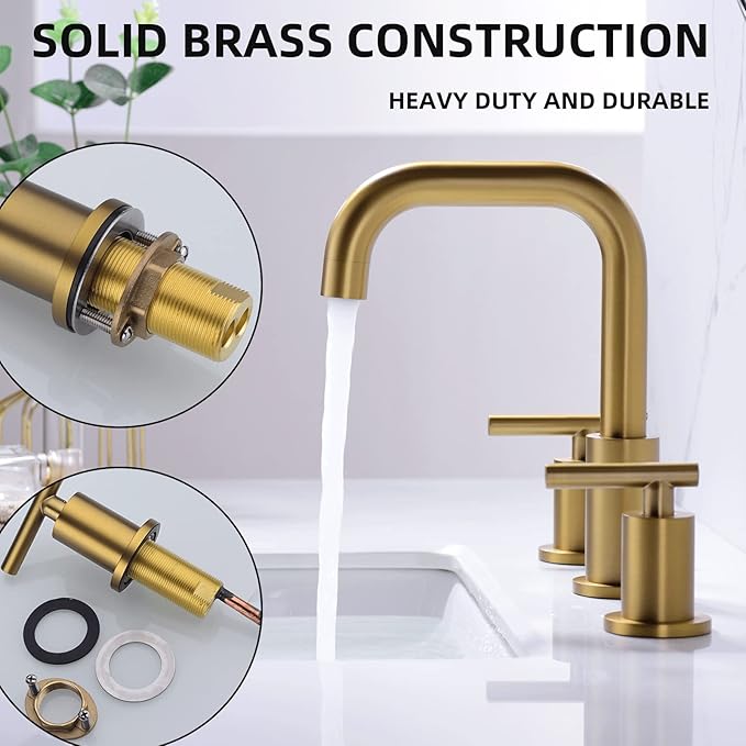 TRUSTMI Bathroom Faucet 2 Handle 8 Inch Widespread Brass Vanity Sink Faucet with Metal Overflow Drain and cUPC Water Supply Lines, Brushed Brass Gold