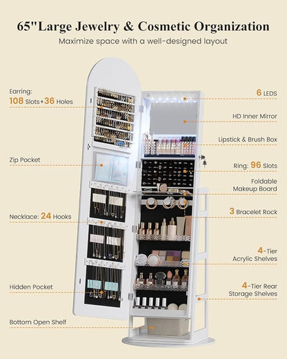 LVSOMT LED Arched Mirror Jewelry Cabinet Standing, Lockable Jewelry Armoire | 360° Swivel Full-Length Mirror with Storage, Large Jewelry Organizer Mirror, Foldable Makeup Shelf, Gift for Women, Black