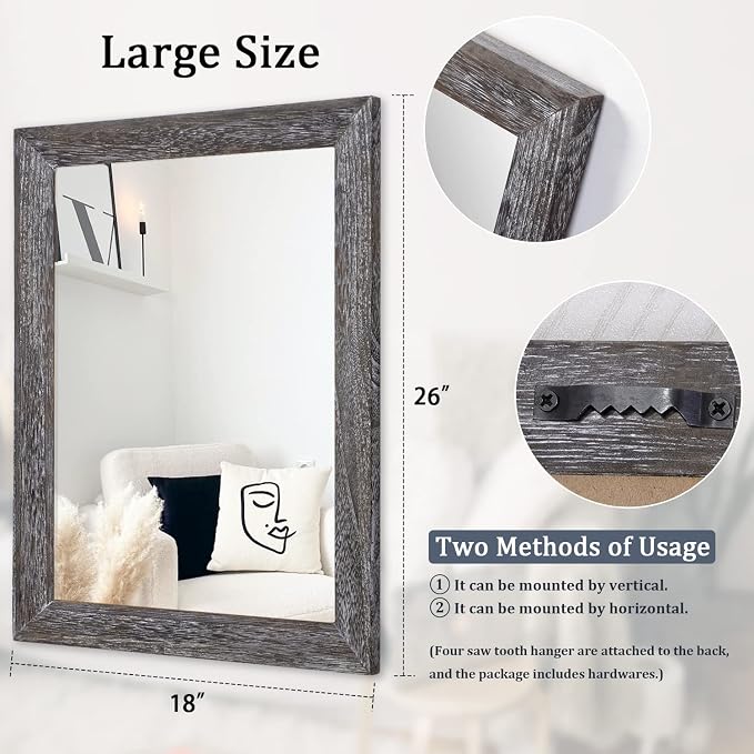 AAZZKANG Wall Mirror with Rectangle Wood Frame Large 26"x18" Rustic Decorative Hanging Mirrors for Bedroom Bathroom Living Room Home Office
