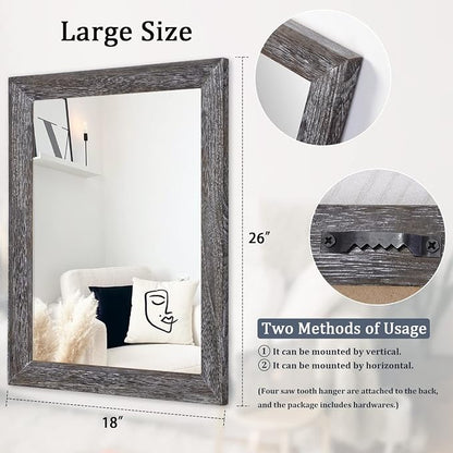 AAZZKANG Wall Mirror with Rectangle Wood Frame Large 26"x18" Rustic Decorative Hanging Mirrors for Bedroom Bathroom Living Room Home Office
