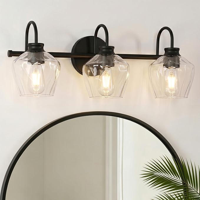 Matte Black Vanity Light, 3 Light Bathroom Light Fixtures with Clear Diamond-Shape Hammered Glass, Black Vintage Ripple Wall Lights for Hallway, Bedroom, Anti-Rust, E26 Base (No Bulbs)