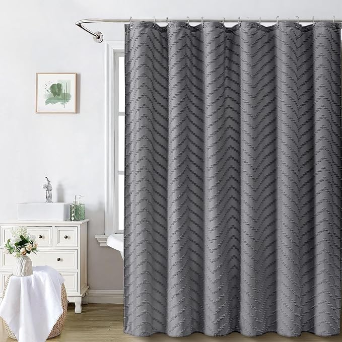 Extra Long Grey Boho Shower Curtain 78 Inch Grey Tufted Chevron Striped Fabric Shower Curtains for Bathroom Modern Shabby Chic Waterproof Cloth Shower Curtains