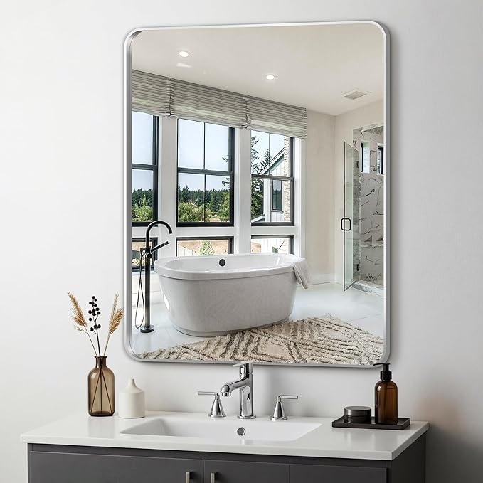 Bathroom Vanity Mirror, Silver Framed Mirror for Over Sink, 36x30 | HD glass, distortion-free for makeup and grooming, Sturdy frame, all mounting hardware, hangs horizontal or vertical