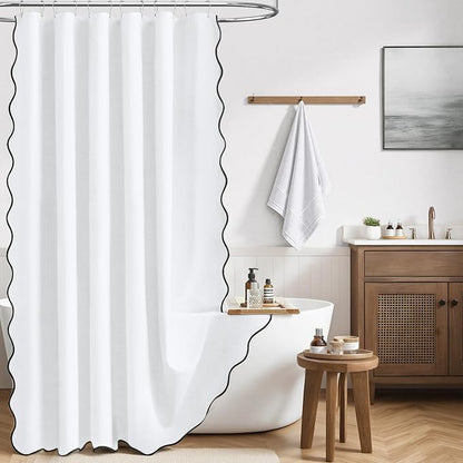 BTTN 72x78 Boho Scalloped Linen Textured Cloth Shower Curtain Set, White | Long Size, 230GSM Waterproof Polyester, Heavy Duty Fabric, 12 Plastic Hooks, Elegant Modern Farmhouse Style, Machine Washable