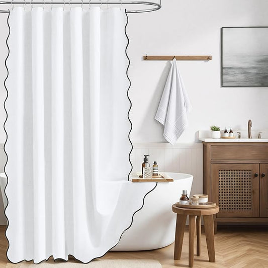 BTTN Boho Scalloped Linen Textured Cloth Shower Curtain Set, 60x84, White | Narrow Long Size, 230GSM Waterproof Polyester, Heavy Duty Fabric, 10 Plastic Hooks, Modern Farmhouse Style, Machine Washable