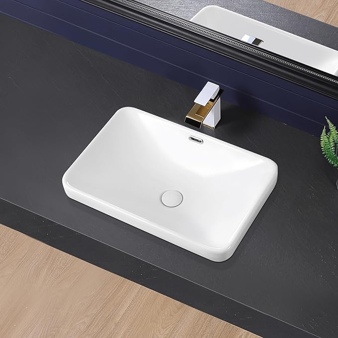 Vessel Sink 23"x16" Semi Recessed Bathroom Sink Drop-in White Bathroom Sink Porcelain Ceramic Modern Rectangular Sinks Drop-in Vanity Sinks with Overflow for Bathrooms
